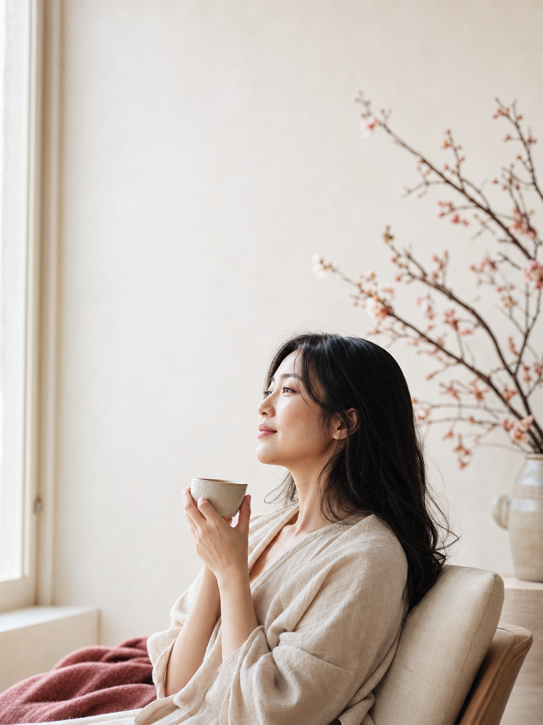 一位安静思考关系的女性