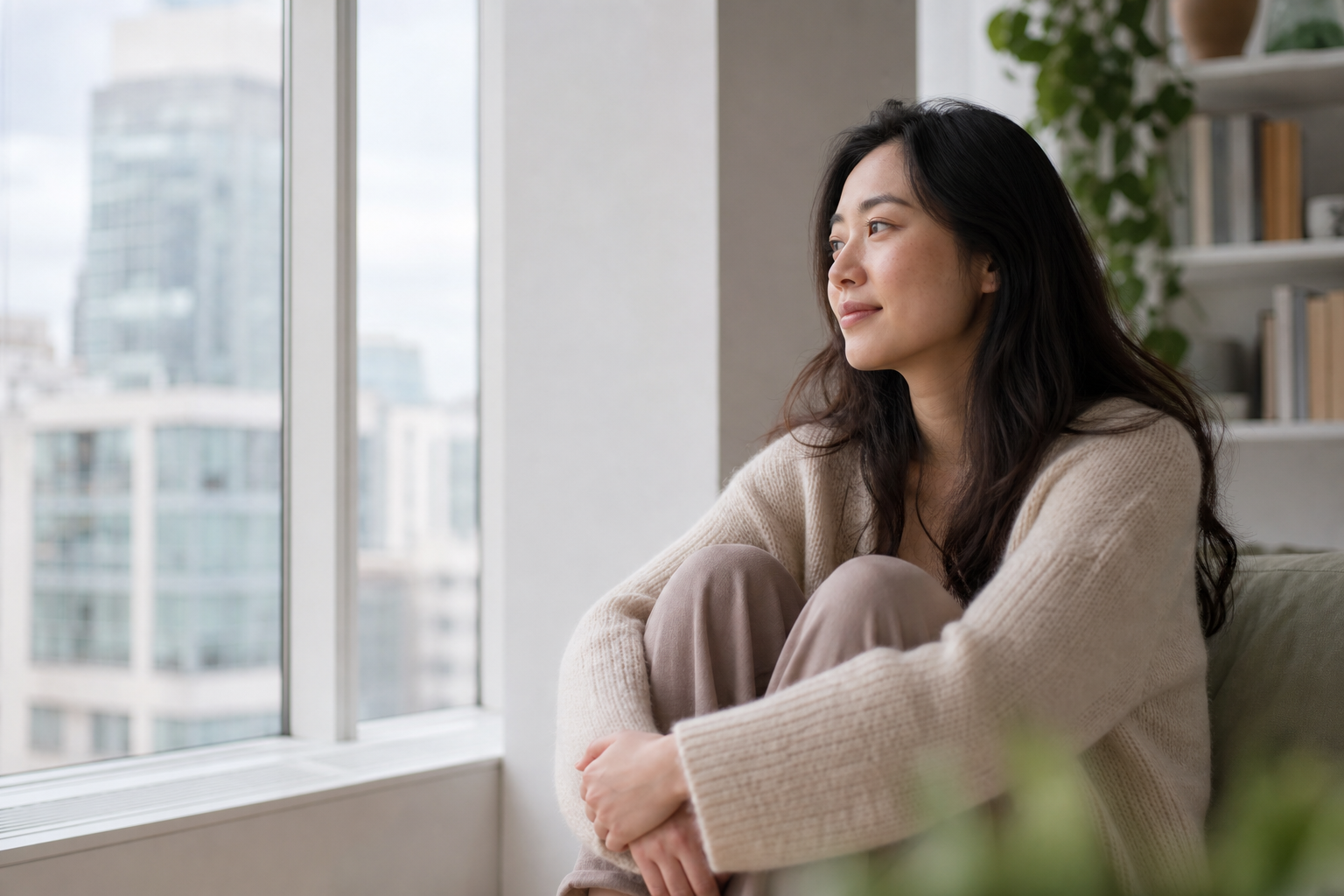 一位坐在窗边安静思考的女性